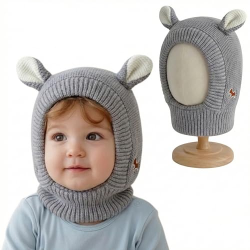 Image of Kraptick Winter Warm Ear Protection Knitted Woolen Unisex Baby Cap with Cute Animal Ears, Soft Fleece Lined Knit Hat with Ear Flaps, Stretchable Monkey Cap for Cold Weather -1
