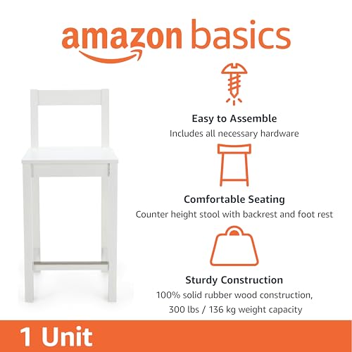 Image of Amazon Basics Wooden Counter Height Bar Stool with Backrest for Kitchen Island, 24 inch, White, 1 Unit