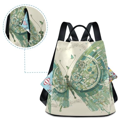 KLL Mechanical Style Butterfly Music Notes Mint Green Fashion backpacks for women Anti-theft large backpack for women for Travel, Work, Everyday with Pom-pom keychain4