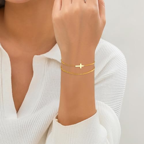 Cross Bracelet for Women，Dainty 14k Gold Plated Pearl Bridesmaid Bracelets for Women Small Wrist, Trendy Stack Thin Chain Sunflower Bracelet Gold Jewelry for Womens Baptism Gift3