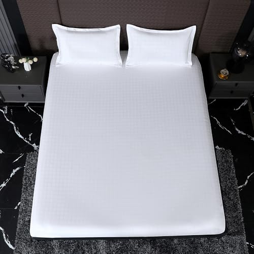 Image of Story@Home Long Staple Premium Cotton Compact Yarn Feel Glace Cotton Flatsheet Checks Printed King Size Double Bed Bedsheet with 2 Pillow Cover (108 inchx108 inch, White Checks) 500TC