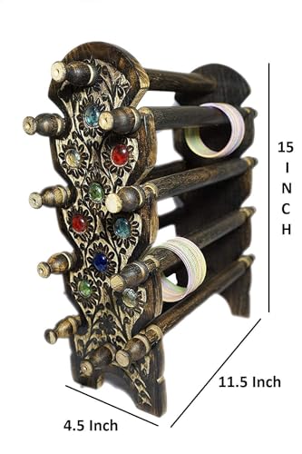Image of Wooden Carved Bangle Stand | Folding Chuddi Stand | Gift item for women | Bar Bracelet, Bangle Jewelry Holder Stand Display Organizer, Bracelet Holder for Jewelry (Bangle stand 8 rods)