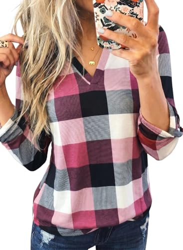 Image of Dokotoo Womens Tops Plaid Cotton Cuffed 3 /4 Sleeve Shirts Blouses