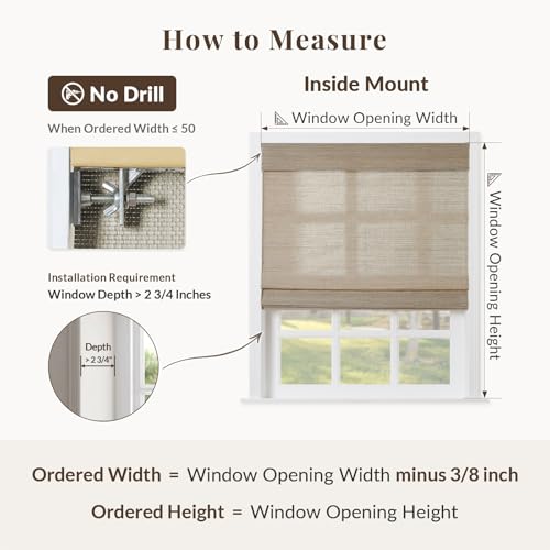 Image of TWOPAGES Natural No Drill Roman Blind Custom Made Cordless Ramie Roman Shade Light Filtering Blackout Roman Window Shade for Kitchen French Doors, Coconut, 1 Piece