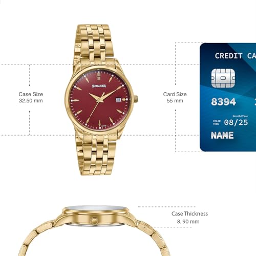 Image of Sonata Jashn with Quartz Analog Red Dial Gold Strap Men and Women (Pair) Wedding Watch - 7721087125YM03