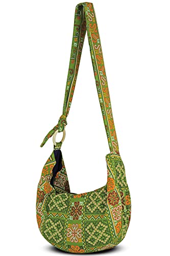 Image of Hobo Crossbody Bag for Women - Handmade Cotton Boho Purse with Wooden Ring | Lightweight Slouchy Shoulder Sling Tote Bag
