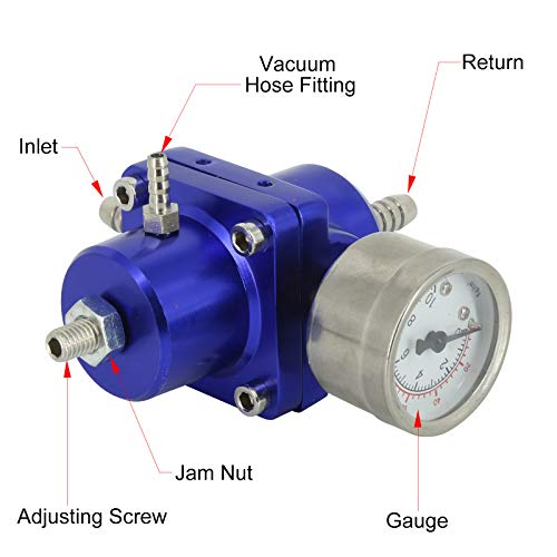 0-140 PSI Aluminum Fuel Pressure Regulator Kit, Universal Adjustable Gas Oil Injection Pressure Regulator with Gauge, 6AN Fuel Line Hoses, Install Tool Accessories (Blue)
