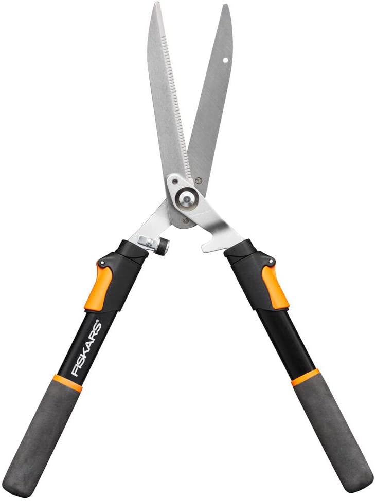 Fiskars Hedge Shears HS13 with blades open, ready for cutting