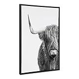 Kate and Laurel Sylvie B&W Highland Cow No. 1 Framed Canvas Wall Art by Amy Peterson Art Studio; 28x38 Black; Black and White Animal Portrait Art