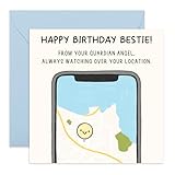 Carte amusante : illustration ludique avec une épingle souriante vous montrant comme l'ange gardien qui sait toujours où il se trouve. Message d'anniversaire léger parfait pour les amis proches qui partagent des lieux et des blagues privées.