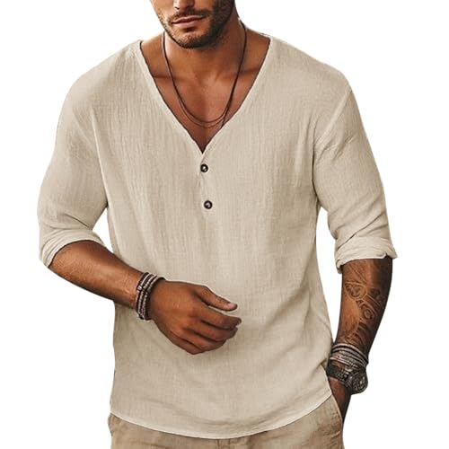 Mens Linen Shirt Short Sleeve Beach V-Neck Button Down Henley Shirts Yoga Hawaiian Summer Top Khaki XL