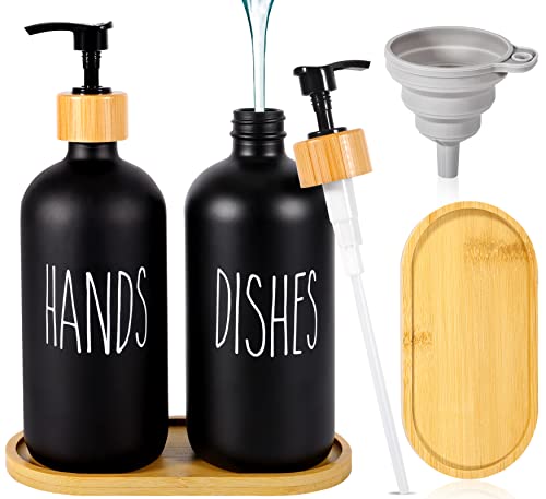 BARAKYEG Distributeur de Savon Noir Mat Set 500ml en Verre Distributeur de Liquide Vaisselle Flacon Pompe pour Cuisine,Douche.avecPlateau,Entonnoir (2pcs)