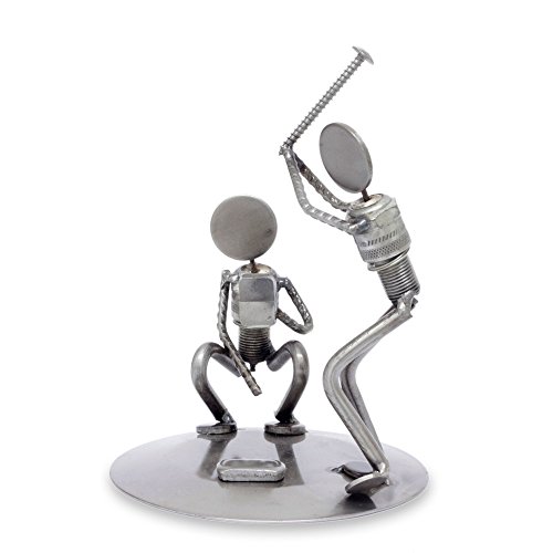 Novica Recycled Auto Parts Sports Theme Iron Sculpture, 6.75" Tall, Rustic Baseball Players' #TOP8