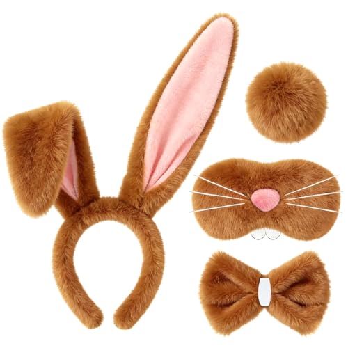 Jansun Bunny Costume Set with Adjustable Ears Fluffy Brown Bow Tail Rabbit Costume Accessories for Easter Halloween Parties