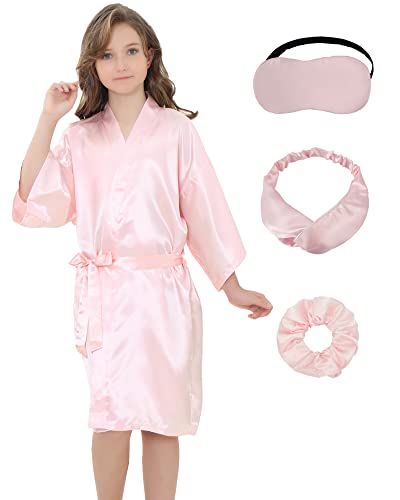 NOWDER Kids Satin Silky Robe Set for Spa Birthday Bridal Party Flower Girl Kimono Robe with Eye Mask Hair Hand Hair Ring