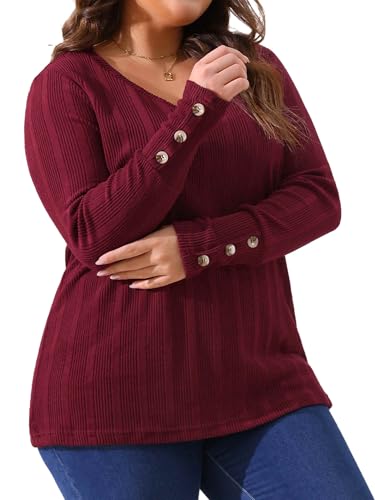 Image of Agnes Orinda Plus Size Knit Tops for Women Long Sleeve V Neck Button Stretch Casual Pullover Sweater Blouses