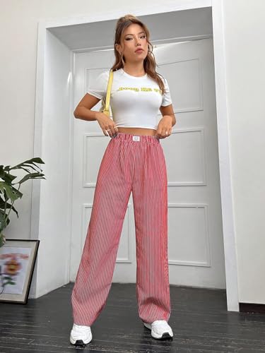 OYOANGLE Women's Straight Wide Leg Trousers Striped Print Letter Patched Detail High Waist Y2K Fashion Pants3