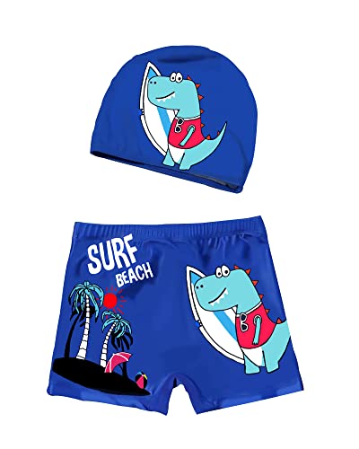 PAEHUIMT Maillot de Bain Enfant Garçon, Motif de Dessin Animé Short, Tissu Bonnet de Bain (FR/ES, Âge, 3 Ans, 4 Ans, Taille Normale, Bleu foncé)