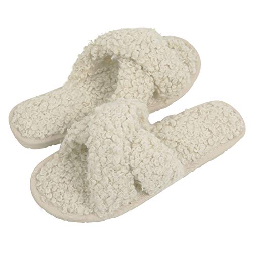 Women's Cross Band Furry Fluffy Slippers Cute Comfortable Wool Like Faux Fur Slippers Open Toe House Shoes Fuzzy Sandals Beige