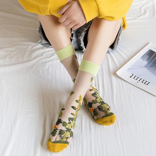 Image of RosyClouds Floral Jacquard Mesh Socks for Women, Summer See Through Sheer Elastic Crew Socks Flowers Crystal Glass Socks 6 Pairs