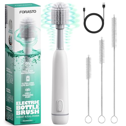 Image of FORASTO Electric Bottle Brush, USB Rechargeable IPX7 Waterproof Water Bottle Cleaner Brush with 3 Straw Cleaner Brushes, Powerful Rotations Bottle Cleaner Brush, White