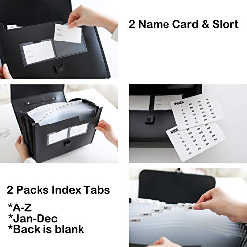 Fanwu 26 Pockets Expanding File Accordion Folder With Handle - Letter A4 Paper Size - Expandable Large Plastic File Folder Wallet Monthly Portable Document Organizer With Flap & Buckle (Black) #TOP2