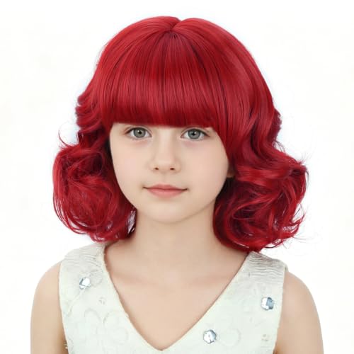 Red Wig for Kids Short Curly Red Bob Wigs with Bangs Synthetic Wigs with Wig Cap for Cosplay Party Costume