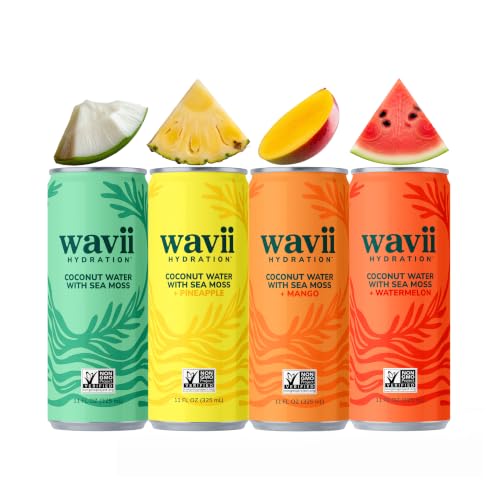 Wavii Coconut Water with Sea Moss Variety Pack, 12 Pack, 11 fl oz – Original, Pineapple, Mango, Watermelon – Electrolytes, Ocean-Derived Trace Minerals, No Added Sugar, Made with Organic Coconut Water
