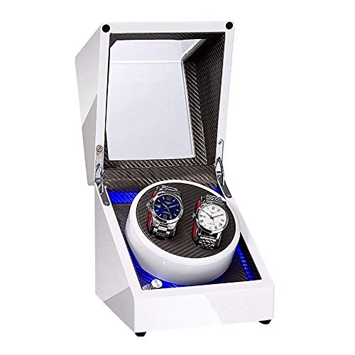ホワイトダブルウォッチワインダーボックス自動巻き時計内蔵LEDライトピアノ塗装外装デュアル電源静音モーター