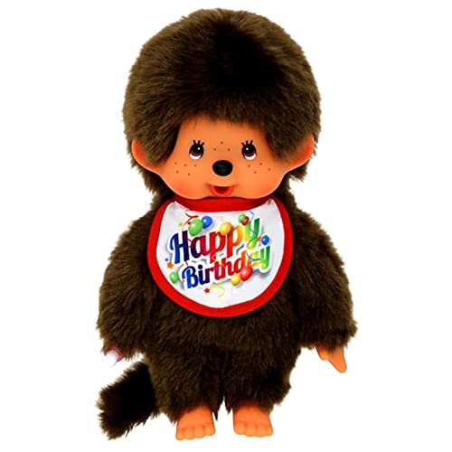 Sekiguchi Monchhichi 242191 – Peluche con Babero Happy Birthday, Aprox. 20 cm, Peluche de Peluche marrón