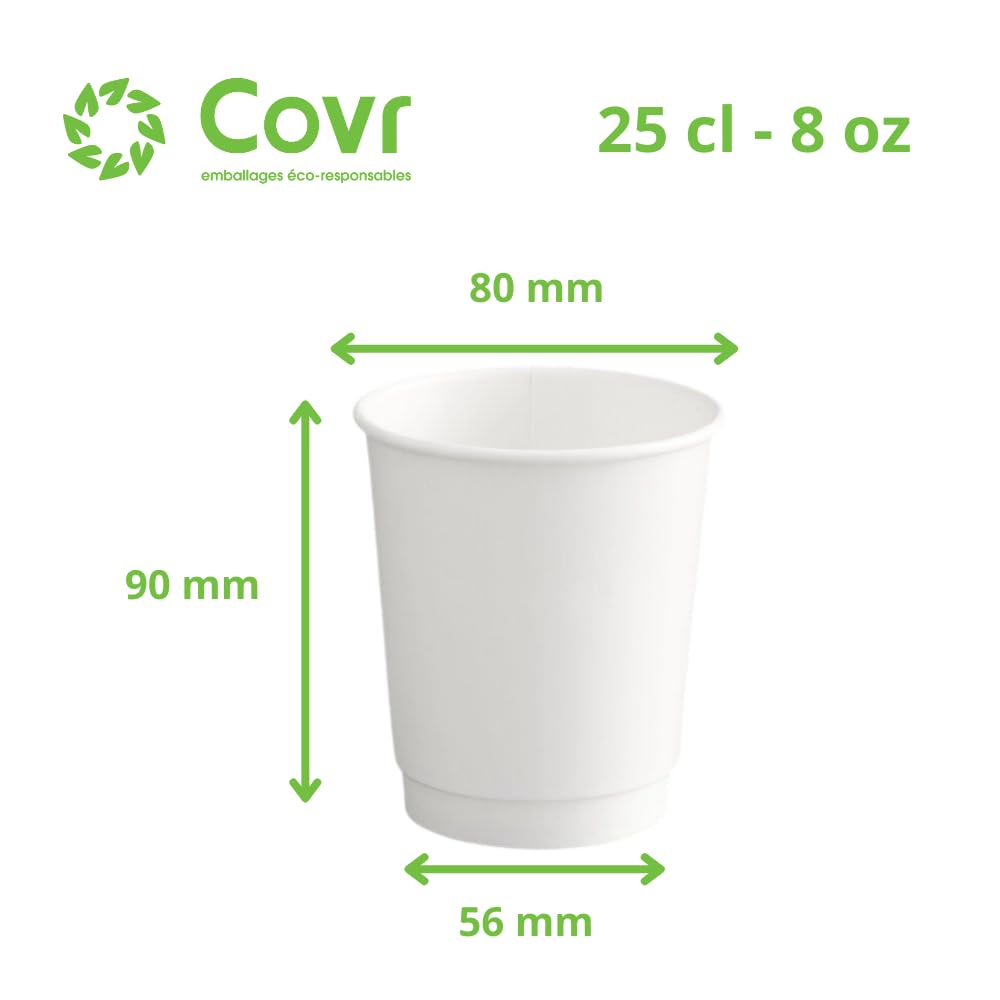 COVR 500 Gobelets Double Paroi 8 oz / 25 cl / 500 unités, Recyclables, Boisson Chaude et Boisson Froide, Solide et Bonne Prise en Main, Résistant