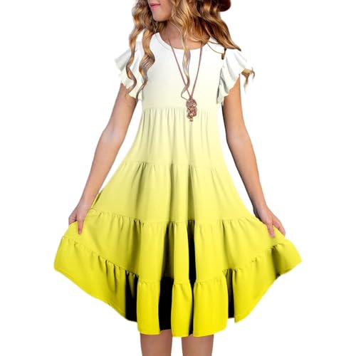 Abbigliamento per bambini e bambine, abito estivo con scollo rotondo, maniche a volant, multistrato, linea ad A, casual, sfumato di colore (6-15 anni), per ragazze, giallo., 12-13 Anni