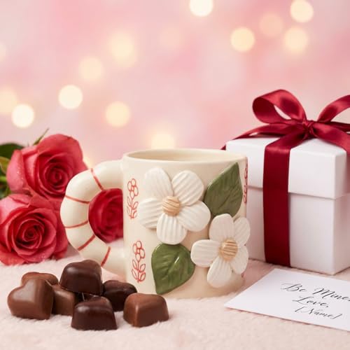 Image of 3D Flower Ceramic Coffee Mug 220ml | Handmade Tea Cup with Handle | Microwave Safe Coffee Cup Gift for Women | Valentine Gift for Her | Home Office Chai Mug | Birthday Gift for Girls