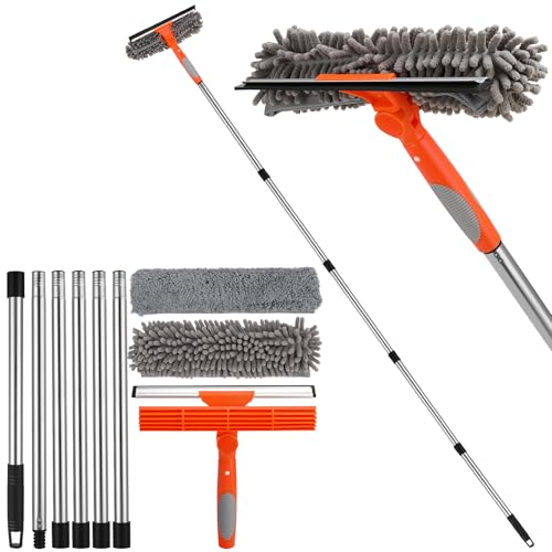 2 en 1 Professionnel Raclette Vitre,Kit Nettoyage Vitre avec Manche Telescopique 240cm,Lave-vitres Télescopique avec Tête Flexible,pour Vitres Hautes...