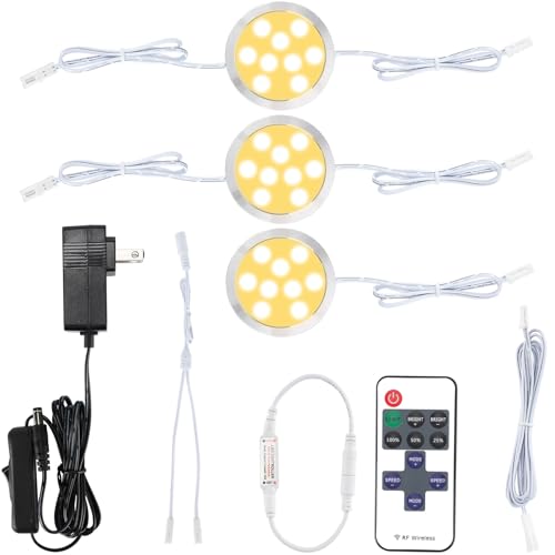 Meigour Linkable LED Puck Light Kit, Wireless Remote Control Dimmable Under and Over Cabinet Lights, 120 Volt Wall Plug-in Electric Wired Display Cases Lighting, 3 Lights, Warm White