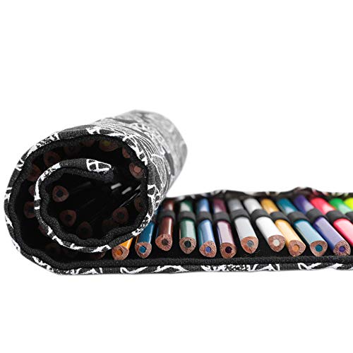 Image of Denifiter 24 Slots Colored Pencils Roll Bag, Pen Paint Brush Storage Pouch Portable for Artist, Women, Men (Black Leaf)
