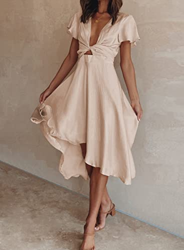 Image of miduo Womens Satin V Neck Ruffle Short Sleeve Tie Front High Waist Midi A-Line Maxi Dresses