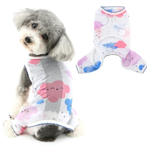 RANPHY 犬 服 夏 小型犬服Tシャツ 四つの足 ひんやり薄地 メッシュ 可愛いグラフィック犬の服 つなぎ パジャマ 猫服ロンパース 袖なし人気 部屋着 寝間着 抜け毛防止 ドッグウェアお散歩,ブルー,L