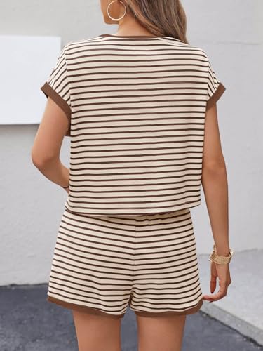 Image of Tankaneo Womens Summer 2 Piece Sets Striped Short Sleeve T Shirts and Shorts Loungewear Matching Set
