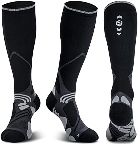 Knee High Compression Socks 20-30 mmHg for Nurse Pregnancy Medical Running Sports Travel with Cushion Pad Circulation Graduated, Seamless, Moisture Wicking, Coolmax | Black, Grey Large X-Large