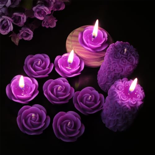 Image of Wax Scented Candles For Home Decor, Lavender Fragrance, Pillar And Floating Candles Combo, Purple Colour, Pack Of 10, 4 X 7 Cm