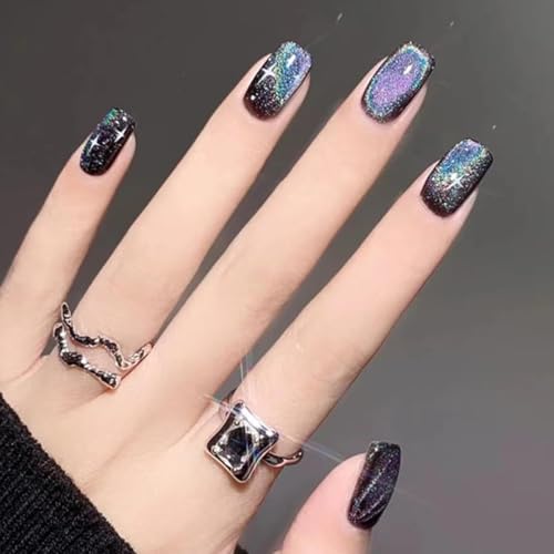 Black Press On Nails Short Glossy Glitter Fake Nails Stick On Nails for Cat Eye Colorful Acrylic Fake Nails Gel Polished Glue on Nails for Women Girls 24Pcs