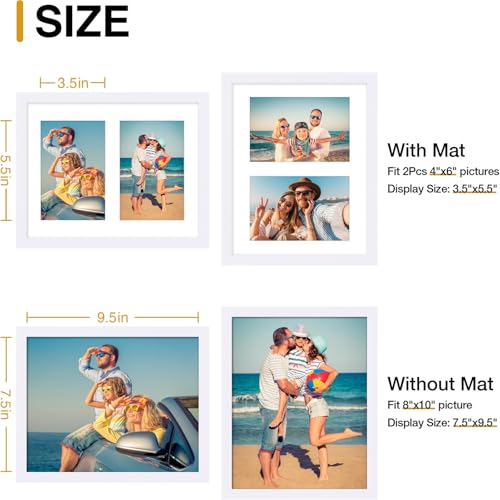 decorUhome 8x10 Picture Frames Collage Wall Decor, Display 2Pcs 4x6 Photos with Mat or 1Pcs 8x10 Unmatted, 2 4x6 Collage Picture Frames for Wall Mounting, White