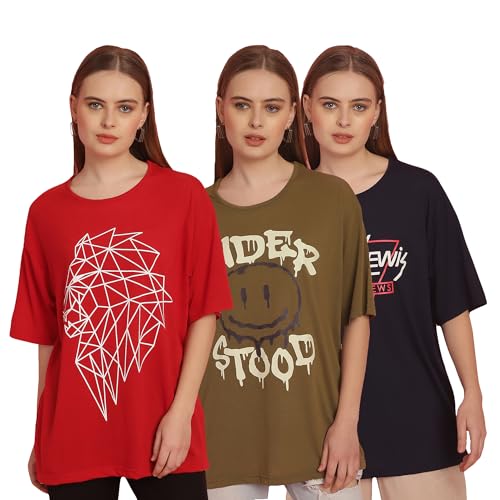 Image of Mack Jonney Printed Round Neck Cotton Regular Fit Oversize Half Sleeves Tshirt for Women(Pack of 3)-MACK631093