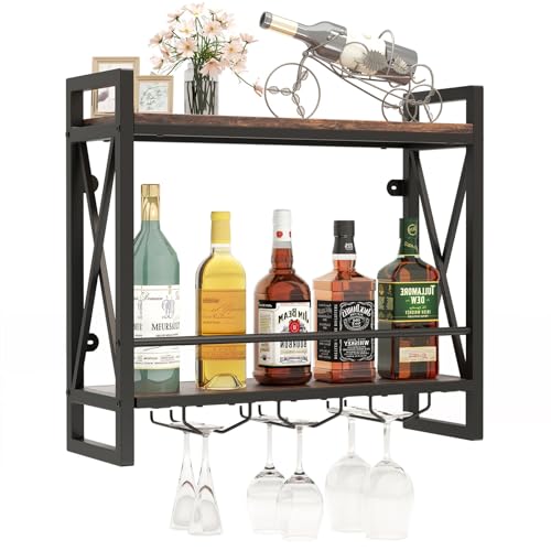 TANGZON Wall Mounted Wine Rack, 2/3 Tier Floating Wine Shelves with Glass Holders, Metal Frame Bottle Display Storage Organizer for Kitchen Dining Living Room, Rustic Brown (2 tier, 60 x 20 x 55cm)