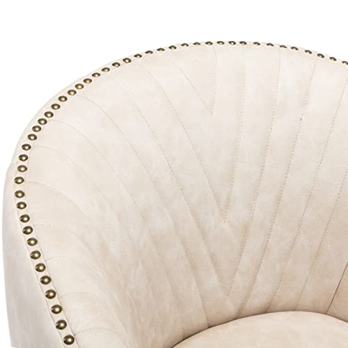 Quinjay Beige Faux Leather Home Office Desk Chair, Upholstered Barrel Swivel Adjustable Arm Desk Chair With Nailheads, Comfy Mid-Back Study Chair With Silent Wheel For Study Office Computer #TOP3