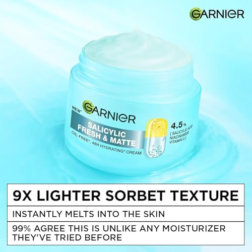 Image of Garnier Fresh & Matte Salicylic Acid Sorbet Gel Face Moisturizer, 90g | Salicylic Acid + Niacinamide + Vitamin C, Sorbet Face Cream, For Hydration & Oil Control, for Oily, Normal & Combination Skin