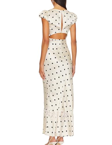 Image of Women Sexy Lace Patchwork Mesh Dress Floral Print Cutout Sweetheart Neck Backless Slit Summer Maxi Dress