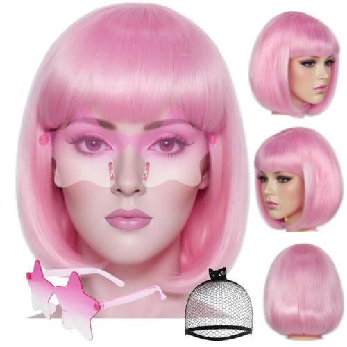 Image of ANOGOL Light Pink Bob Wig with Bangs Baby Pink Wigs for Women Colored Wigs | Hair Cap+Sunglasses Short Neon Wig for Bachelorette Party Funny Outfit for Women Halloween Costume Night Club Crazy Hair Day