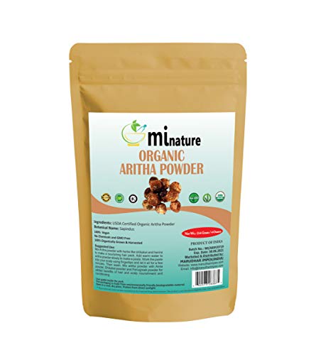 mi nature USDA CERTIFIED Organic Aritha Powder/Soap nut Powder(SAPINDUS MUKOROSSI) FOR SILKY HAIRS / 100% Pure, Natural and Organic - (114g) / 4 ounces) - OXO/BIODEGRADABLE Resealable Zip Lock Pouch